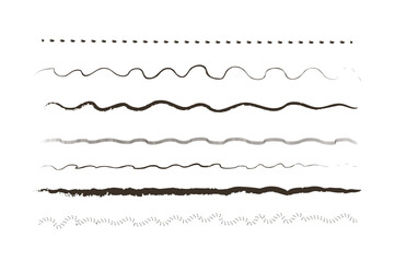 Hand painted ink brush set. Pack of pencils curved lines. Scribble border and ornament, template. Minimalistic creativity and art. Linear vector collection