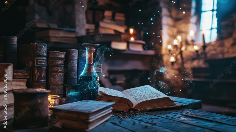 Poster here's a possible and keyword list for the image.. mystical library scene with glowing potion, open 