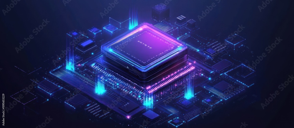 Poster futuristic central processing unit glowing on a circuit board.