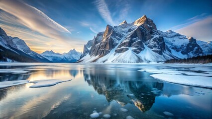 Obraz premium Serene winter landscape featuring a majestic mountain range reflected in a partially frozen lake at sunrise