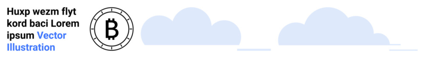 Bitcoin symbol inside circular frame, placeholder text in black and blue, and two blue clouds. Ideal for cryptocurrency, fintech, digital finance, blockchain, tech presentations, investment, modern