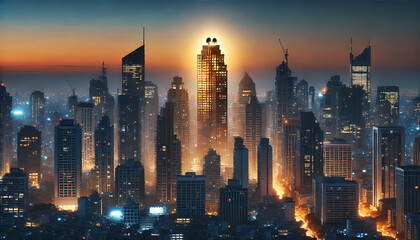 Obraz premium bustling city skyline with digital effects and glowing nodes representing a tech startup's rapid growth. Include tall buildings with light trails symbolizing data. Generative AI