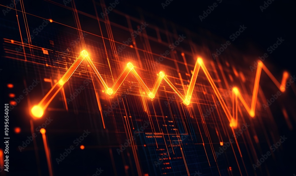 Poster abstract glowing orange graph line on dark tech background.