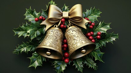 Golden Bells and Holly Wreath: A Festive Christmas Decoration