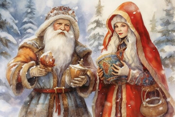Santa and granddaughter. happy childhood concept.., watercolor style, 