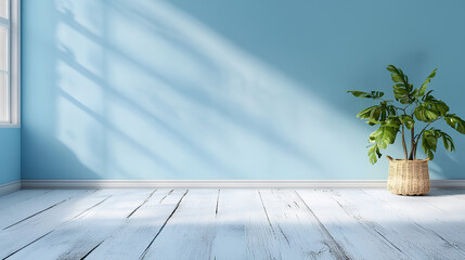 Minimalist Light Blue Wall with Soft Floor and Light Reflection