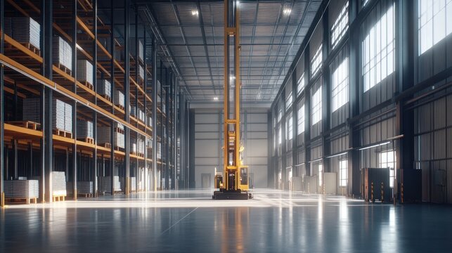 Stacker crane in a high-rise warehouse, lifting pallets to upper levels, vast storage space, clean and brigh