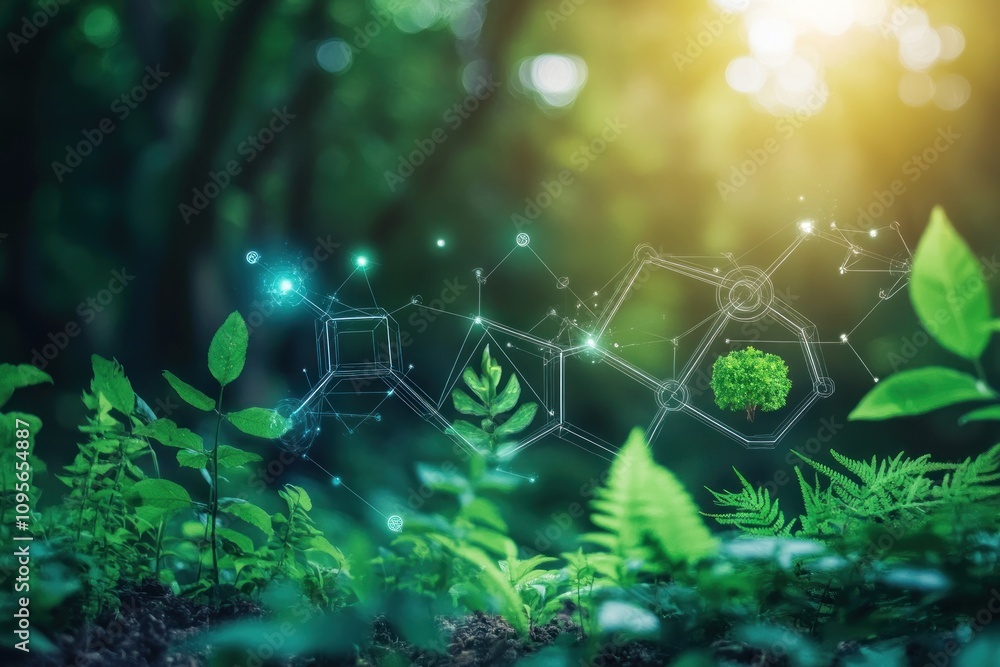 Poster here's a possible and keyword list for your stock photo.. lush greenery with superimposed network, s