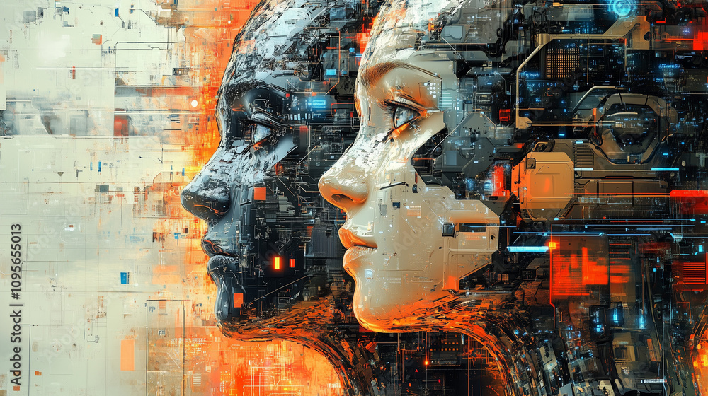 Poster a digital portrait of a cyborg with artificial intelligence - a fusion of future aesthetics and cybe