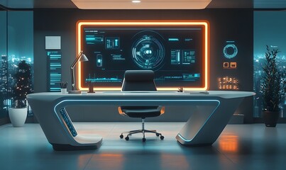 Naklejka premium Futuristic office interior with high-tech screen and city view.