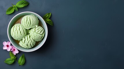 Obraz premium Bowl of mint ice cream with mint leaves and flowers.