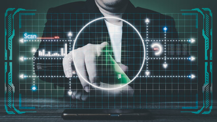 Businessman interacting with cutting-edge digital interface with radar scanning display, transparent holographic elements, data grid and scanning progress, demonstrating high-tech system analysis.