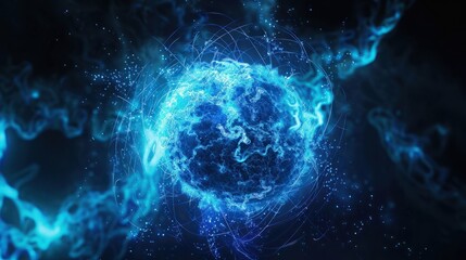 Abstract blue energy sphere from particles and waves of magical glowing on a dark background