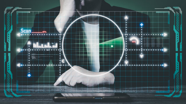 Businessman interacting with cutting-edge digital interface with radar scanning display, transparent holographic elements, data grid and scanning progress, demonstrating high-tech system analysis.