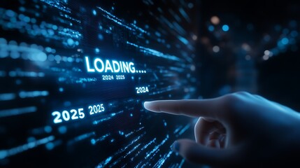  Progress and transition from 2024 to 2025 concept. A person pointing to loading bar transitioning from 2024 to 2025, progress, future planning, and new year goals. annual planning and business growth
