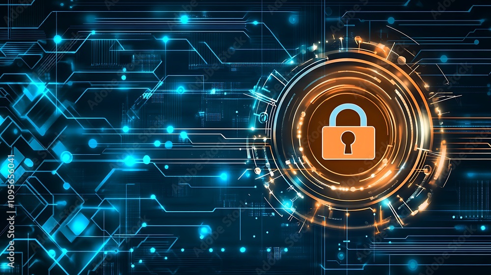 Poster a digital lock symbolizing cybersecurity and data protection in a tech-inspired background.