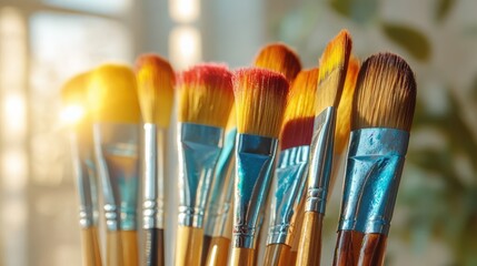 Fototapeta premium Vibrant Makeup Brushes Glowing in Sunlight for Creative Arts
