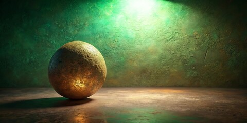 A luminous, textured sphere rests on a dark, mottled surface against a vibrant green backdrop
