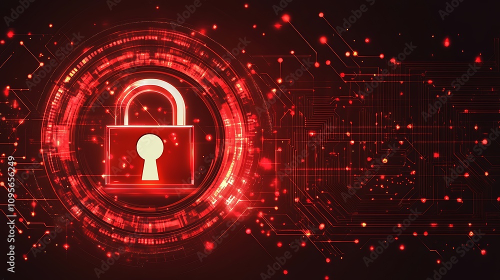 Poster digital lock symbolizing cybersecurity against a backdrop of glowing circuits.