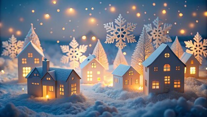 Naklejka premium Winter Village Scene Illuminated Paper Houses in Snowy Landscape with Festive Lights and Snowflakes