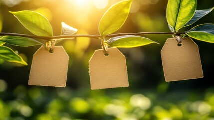 Three blank tags hanging from a branch, surrounded by lush green foliage in soft sunlight.