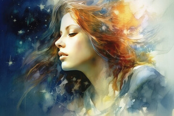 watercolor portrait of a young woman against the background of the starry sky, illustration., watercolor style, 