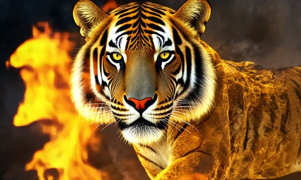 Fiery tiger in flames, walking through sparks.
