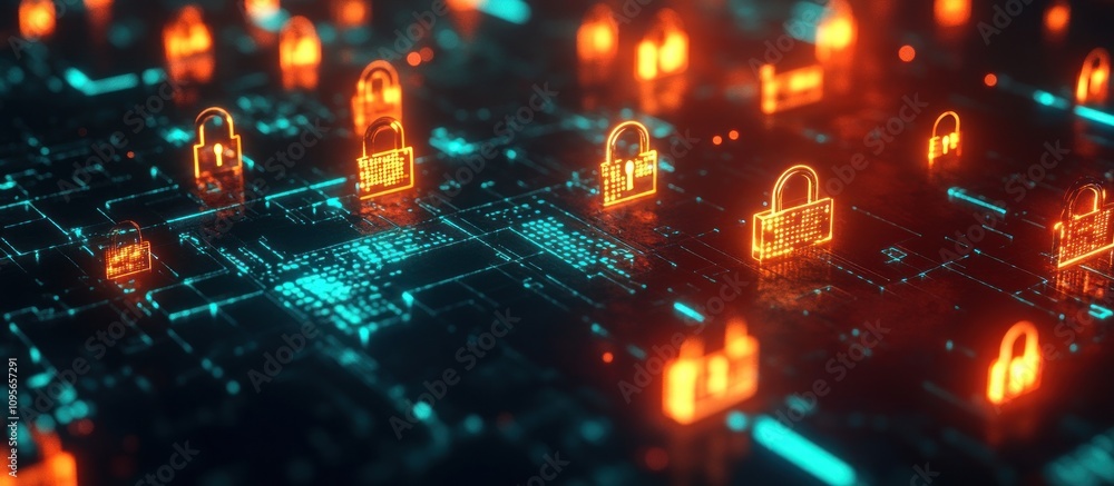 Aufkleber cyber security network with glowing padlock icons on digital circuit board.