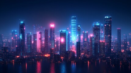 Fototapeta premium Futuristic cityscape at night, illuminated skyscrapers, vibrant neon lights reflecting on water.