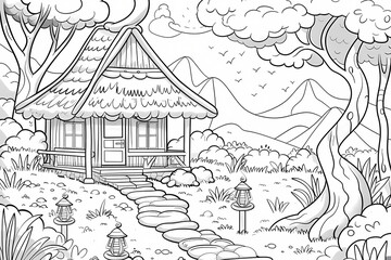 Obraz premium A serene black-and-white illustration of a quaint house surrounded by trees and mountains, inviting creativity and color.