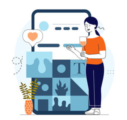 Woman with content marketing. Young girl near huge smartphone screen with posts on social networks. Blogger and content creator. Linear vector illustration