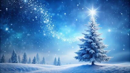 Fototapeta premium Winter Wonderland A Single Snow-Covered Evergreen Tree Stands Tall Under a Starlit Night Sky