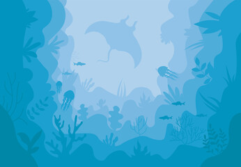Sea life background. Underwater world with silhouettes of aniomals and fishes. Seaweed, medusa and stingray. Marine flora and fauna. Nature and environment. Flat vector illustration