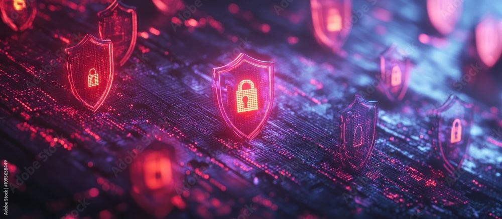 Poster cyber security shields with padlocks on digital surface.