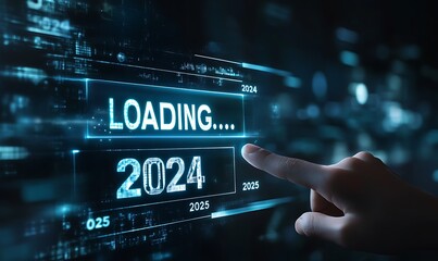 Obraz premium Progress and transition from 2024 to 2025 concept. A person pointing to loading bar transitioning from 2024 to 2025, progress, future planning, and new year goals. annual planning and business growth