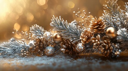 Elegant winter holiday decor with frosted pine branches, gold pine cones, and shimmering ornaments.