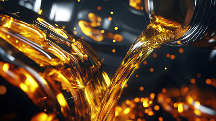 New engine oil is poured into the engine. replacement of technical fluids of the car advertisement with copy space.