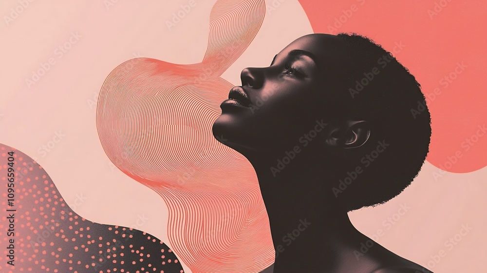 Poster a bright toned depiction of a thoughtful woman gazing upward surrounded by soft pastel patterns and 