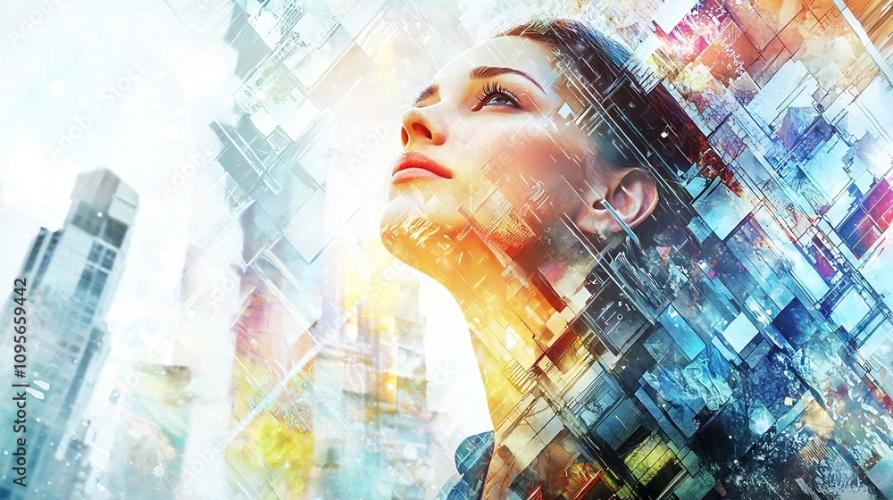 Poster a bright toned depiction of a woman gazing upward her features illuminated by soft light and surroun