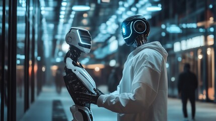 Humanoid robot interacting with smaller robot at night.