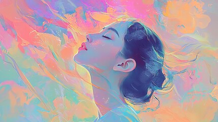 A bright toned digital painting depicting a graceful woman with flowing hair gazing upward surrounded by pastel colored patterns and abstract strokes creating a dreamlike ethereal atmosphere