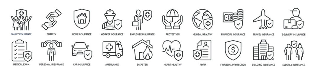 Set of line icons related insurance, health, safety, protection. Editable stroke. 500x500px Perfect pixel on transparent background