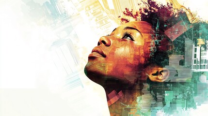 A bright toned modern digital depicting a graceful woman looking upward her features illuminated by pastel and white abstract patterns with soft architectural elements in the background