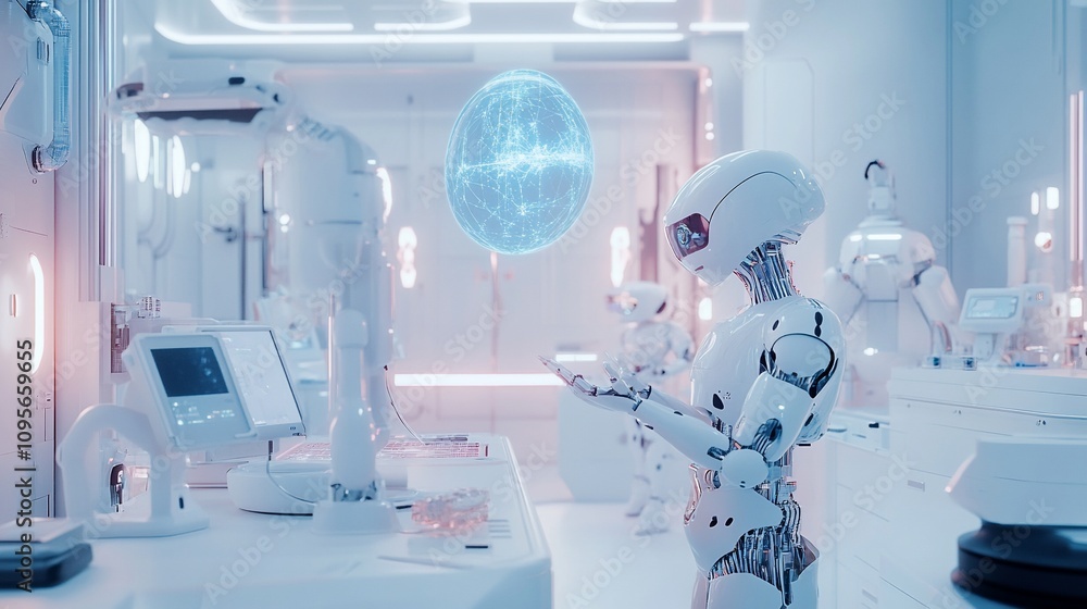 Poster futuristic robot examines data in a sterile lab.