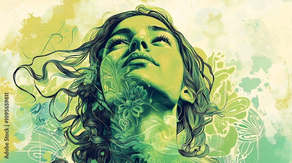 Poster a cool tone digital depicting a peaceful contemplative woman gazing upwards with flowing abstract pa
