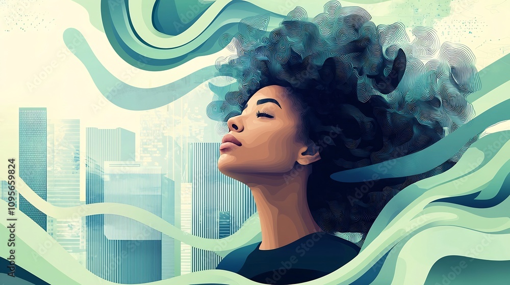 Poster a cool tone serene of a woman gazing upward surrounded by flowing abstract patterns in gentle blues 