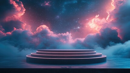 Neon-Lit Circular Platform Underneath a Starry Night Sky With Pink Clouds