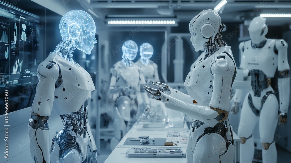 Poster Futuristic robots interacting in a sterile lab setting.