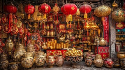 Naklejka premium A vibrant and festive stock photo featuring elements of Chinese New Year celebrations. 