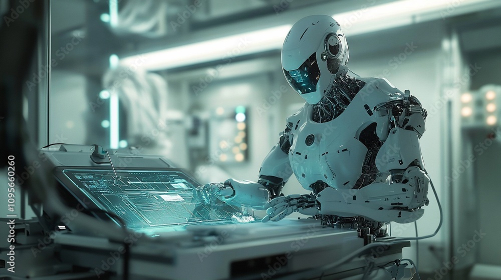 Poster Advanced humanoid robot working at a futuristic control panel.